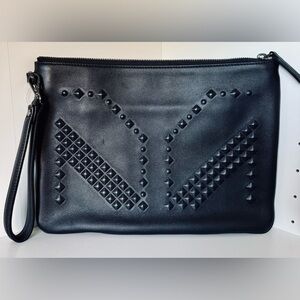 MCM Black Studded Leather Wristlet Clutch
